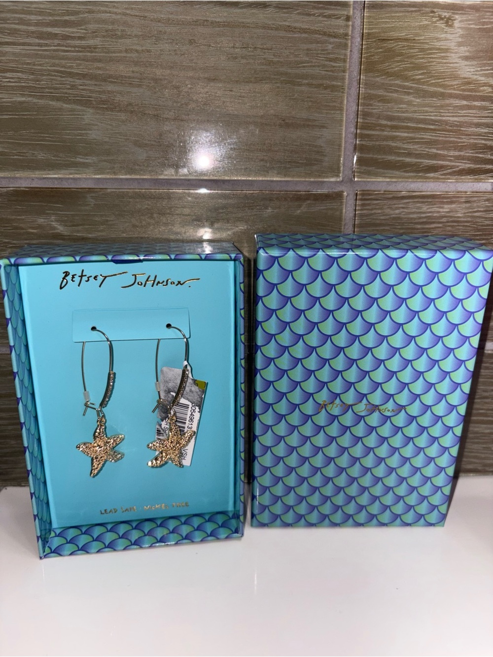 Betsey Johnson Gold Starfish Hoop Earrings with Teal Mermaid Box